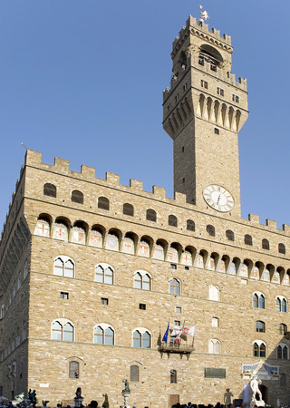 Florence.  Palazzo Vecchio, which translated from Italian means "Old Palace" is one of the most famous buildings in Florence. Today it houses the Town Hall.のeditorial素材