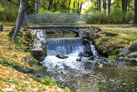 Falls and the bridge through the small river in the park in the fallの写真素材