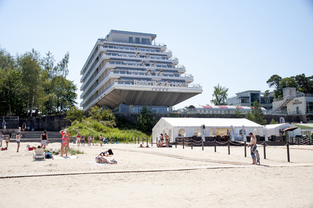 Europe, Latvia, Jurmala- July 05,2014: Rest in the known resort in Jurmala. View of the beach and Baltic Beach Hotel.のeditorial素材