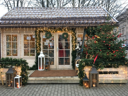Latvia, Riga. Christmas and New Year. House of Santa Claus with a Christmas tree and decorations in the center of Riga.のeditorial素材