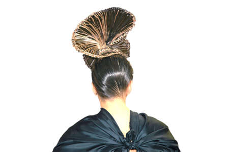 Beauty saloon. Competition of hairdressers. Incredible hairstyles, isolated on whiteの写真素材