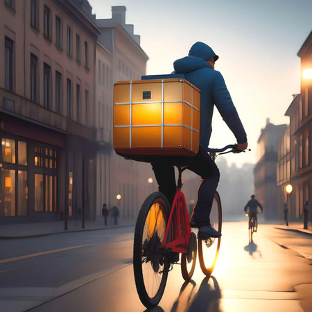 Generative AI. Courier, a young man on a bicycle ride along the city street with goods in a backpack delivering an order.の素材