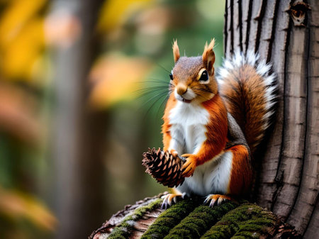 Squirrel sitting on a tree with pine cone in the autumn forestの素材