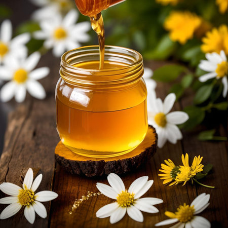 Generative AI. A viscous stream of honey flows into a jar of honey against the background of flowers.の素材