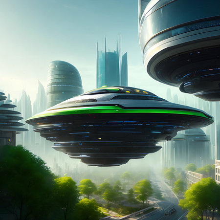 Generative AI. City of the future, transport based on anti-gravity buildings and roads.の素材