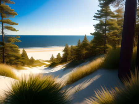 Generative AI. Latvia, White sand dunes and pine trees. Rest by the sea.の素材