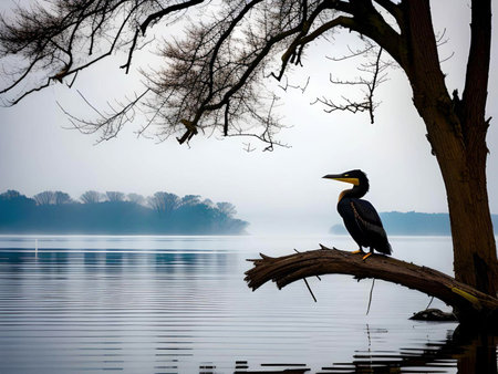 A cormorant sitting on a dry branch from a tree in the water against the backdrop of a large, beautiful lake on a foggy morning. Generative AI.の素材