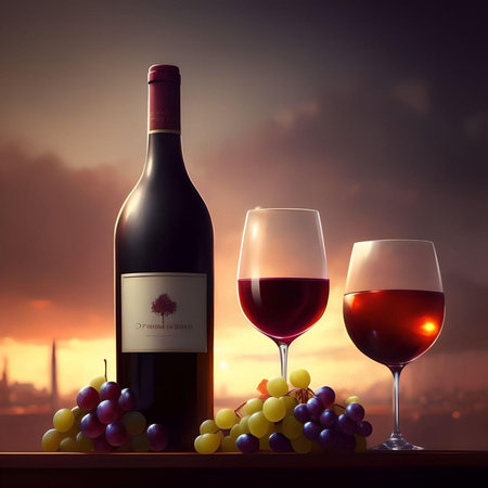 Bottle of vintage red wine with vine and two glasses of wine. Lovely design on a dark background. Generative AI.の素材