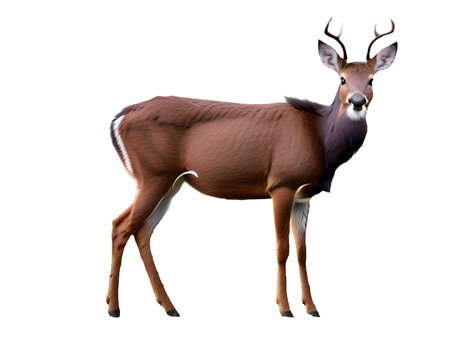 Roe deer male with horns, isolated on white, stands in front of the camera and looks with interestの素材