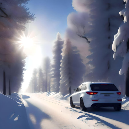 Winter, sunny day, a car is driving along a rural road among snow-covered fir trees.の素材