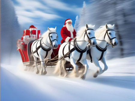 Santa Claus on horses and sleigh with gifts is in a hurry for Christmas and New Year.の素材