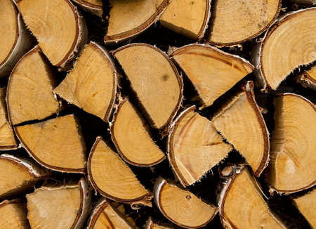 freshly cut logs stacked neatly young birchの写真素材