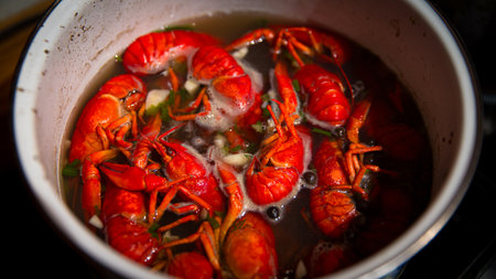 A pot of delicious crayfish is currently being cooked in a flavorful sauceの写真素材