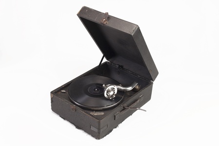 vintage old gramophone play music with white backgroundの写真素材