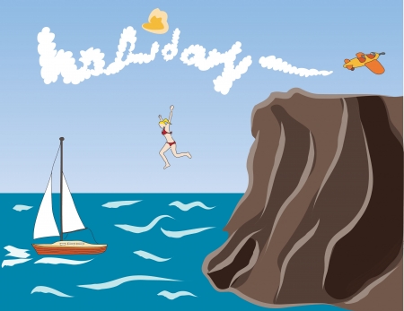 Young girl jumping in the sea illustrationのイラスト素材