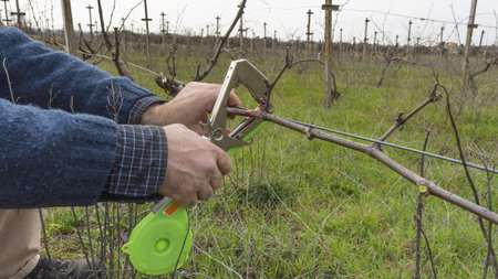 cutting and tying branches in vineyard in spring