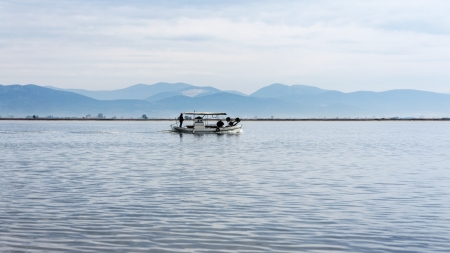 fishing boat returning to harborの写真素材