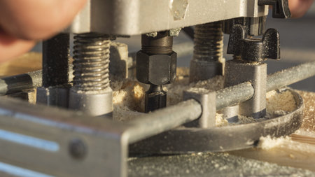 Wood router curve carves a piece of woodの写真素材