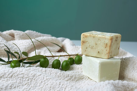Handmade olive soap with olive branch and a towel.の写真素材