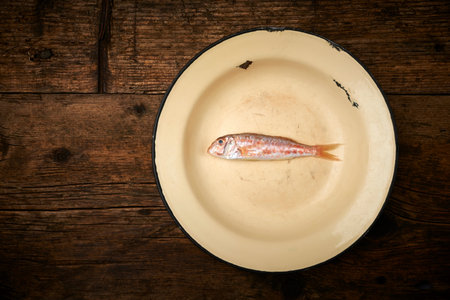 Fresh fish mullet in a plate on wooden table