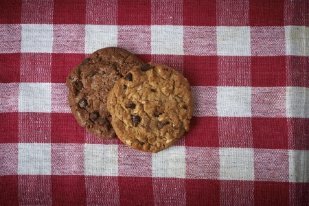 chocolate chip cookies, on table red wagonの写真素材
