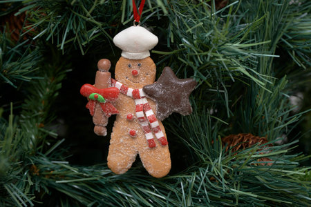 Closeup of Christmas ornaments on the Christmas treeの写真素材