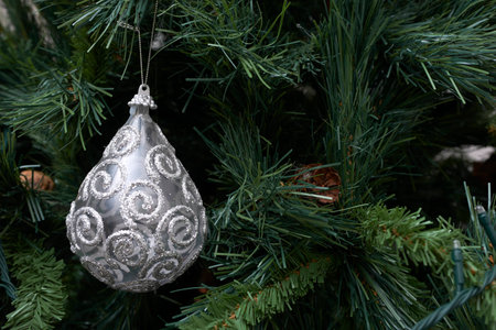 Closeup of Christmas ornaments on the Christmas treeの写真素材