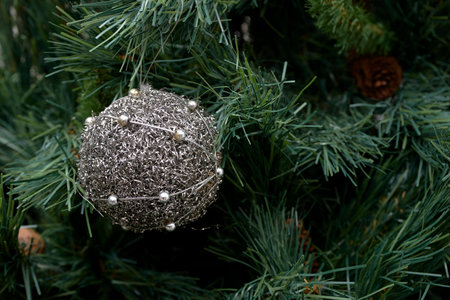 Closeup of Christmas ornaments on the Christmas treeの写真素材