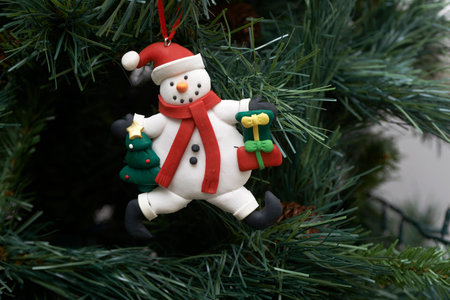 Closeup of Christmas ornaments on the Christmas treeの写真素材