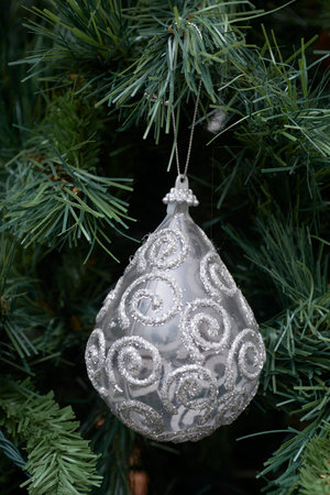 Closeup of Christmas ornaments on the Christmas treeの写真素材
