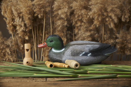 duck decoys and whistles for birds in the reedsの写真素材