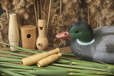 duck decoys and whistles for birds in the reedsの写真素材