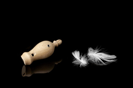 wooden whistles for calling ducks with a featherの写真素材
