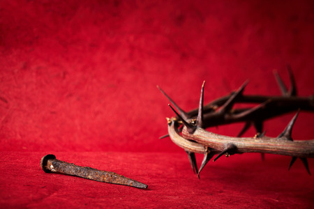 Jesus Christ crown of thorns and a nail の写真素材