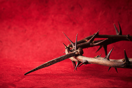 Jesus Christ crown of thorns and a nail の写真素材