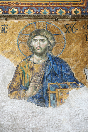 ISTANBUL - TURKEY - OCT 28:Mosaic of Jesus Christ found in the old church of Hagia Sophia in Istanbul, Turkey. On October 28, 2014 in Istanbul, Turkeyのeditorial素材