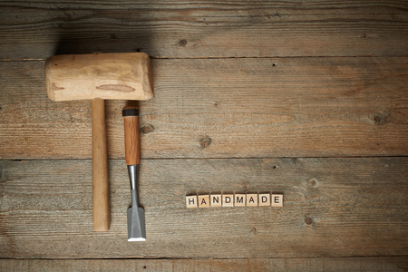 woodworking tolls, chisel and mallet on a workbenchの写真素材