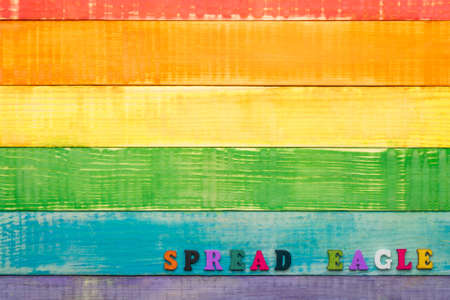 lgbt rainbow colors, wooden background, with inscription spread eagle, bottom right corner, copy space, flat lay, top viewの写真素材