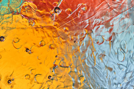 texture of oil blowing on colored water, with small bubbles, flat lay, close up, macro, top view