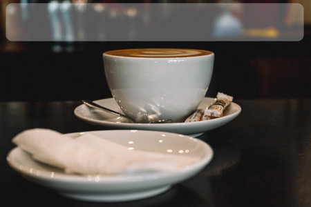 A mug with a saucer, latte, three bags of sugar, spoon, in the foreground there is a saucer with a rolled napkin on it. Vintage photo with film grain and place for your insert (text, recipe, picture)の写真素材