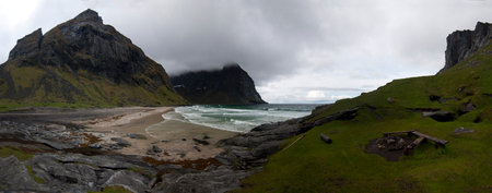 Norwegian nature There are mountains plunging into the sea from hundreds of metres, fjords, tall mountain peaks, northern lights and midnight sun.の写真素材