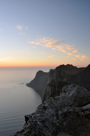 Norwegian nature. There are mountains plunging into the sea from hundreds of metres, fjords, tall mountain peaks, northern lights and midnight sun.の写真素材