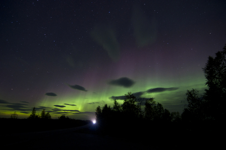 Northern lights or polar lights. An aurora is a natural light display in the sky, predominantly seen in the high latitude Arctic and Antarctic regions.の写真素材