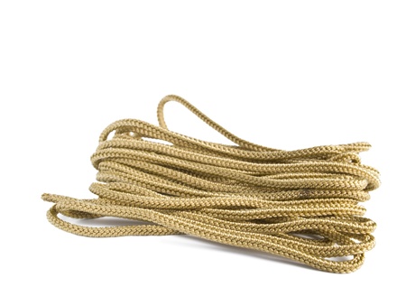 Pair of long convolute tan shoe-laces isolated on white backgroundの写真素材