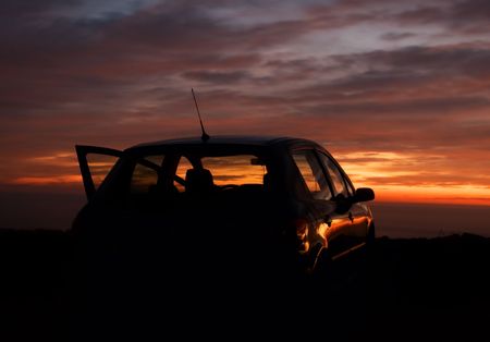 car silhouette in the sunsetの写真素材
