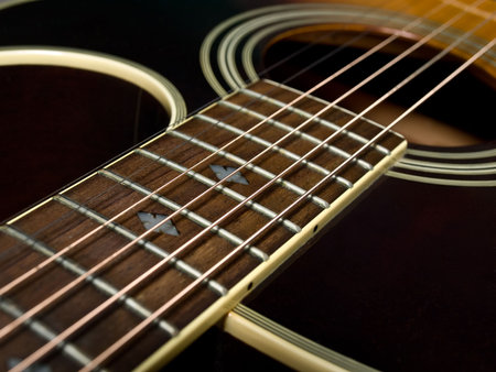 closeup of acoustic guitar with  fretboard in the front view ,shallow DOF