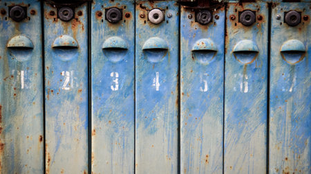 Old metal rusted and numbered mailboxes. Painted blue. Paint partly peeled off.