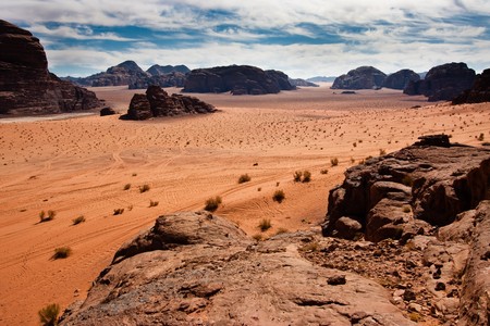 View of Wadi Rum desert, Jordan from a mountain.の写真素材