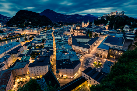 Salzburg overview at night with Festung Hohensalzburg aboveのeditorial素材