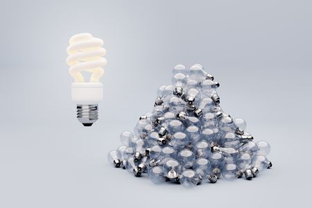 Darker wide 3D render, different lightbulbs kinds, concept of idea or environmentの写真素材